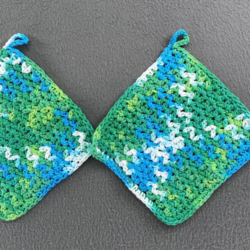 Handmade Dishcloth Cotton Variegated Blue Green 6.5in Cottagecore 3pc Set - Picture 3 of 6